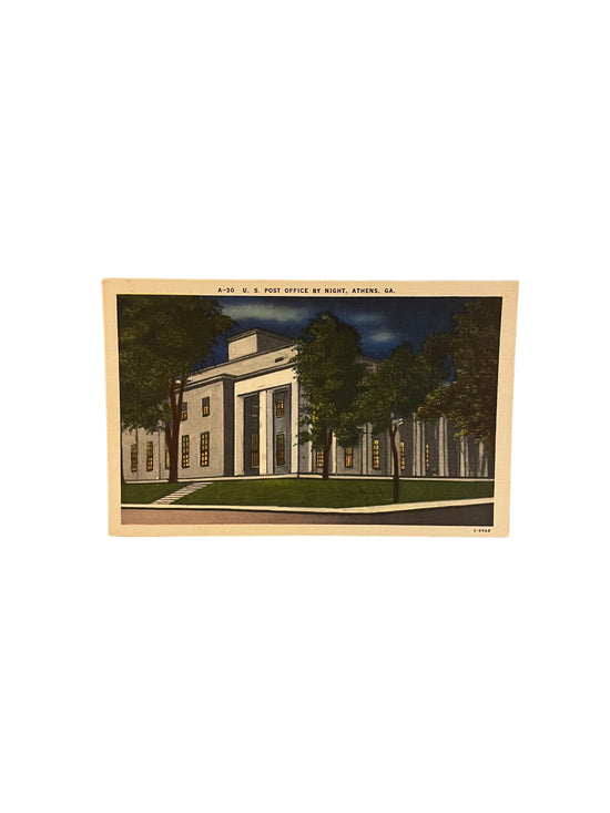 Vintage Postcard- U.S. Post Office by Night, Athens, GA